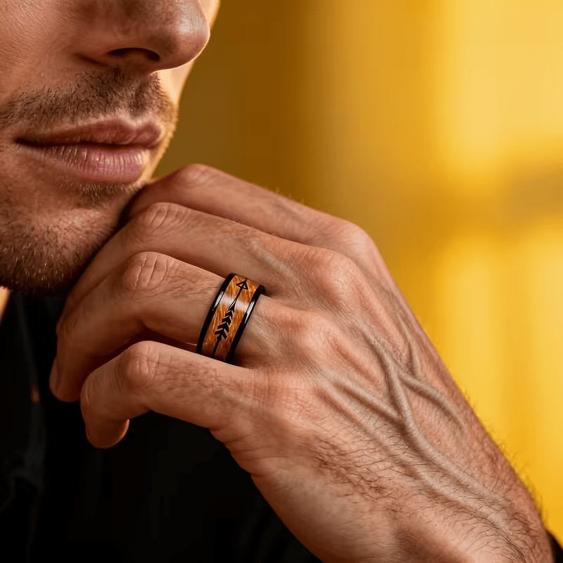Black Arrow Wood Grain Stainless Steel Ring, Everyday Accessory